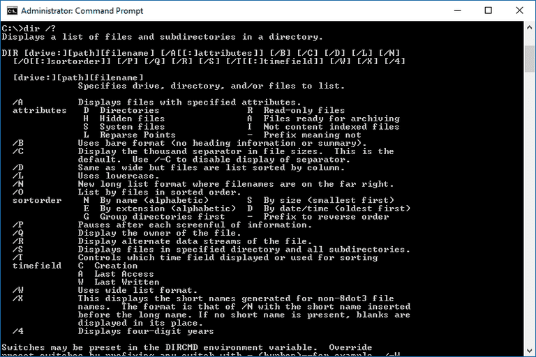 dir /？在Windows 10中命令命令提示符